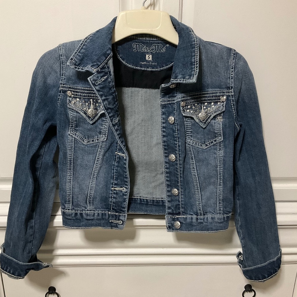 MISS ME Cropped Denim Jean Jacket Rhinestone studded  ~ Size S Juniors, preowned